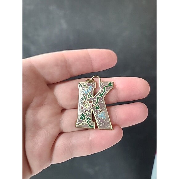 Cloisonne Floral Letter K Shaped Pendant Vintage - Picture 2 of 10